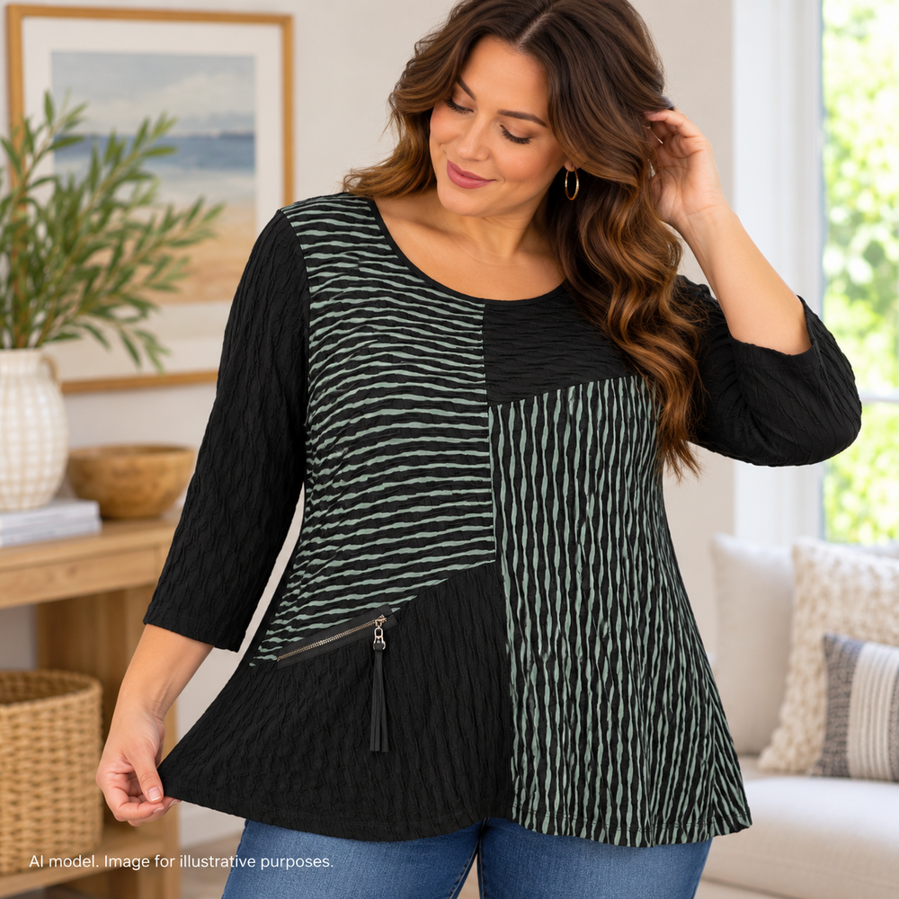 Ali Miles Shirt Womens Large? Black Gray Patchwork Textured Serpentine Stripe**